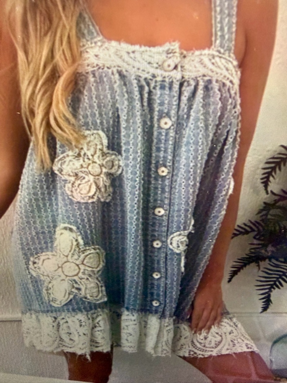 NWOT POL Light Blue Crochet Mini Dress with White Floral Appliqué.